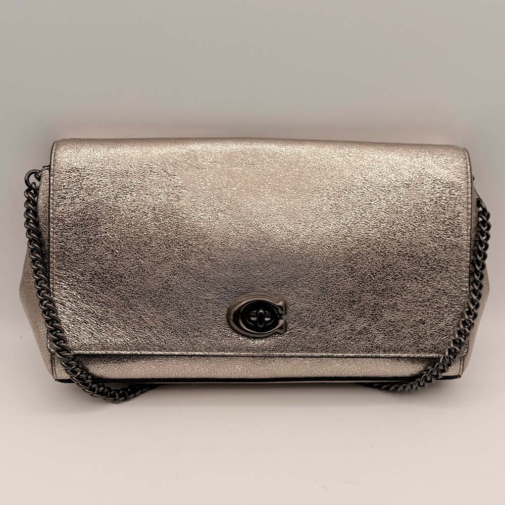 Coach Alexa Turnlock Metallic Leather Chain Crossbody Clutch